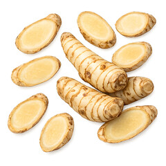 Freshly sliced ginger root isolated on transparent background