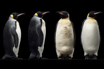 Fototapeta premium Emperor penguin standing in different postures with black background showing detailed feathers and yellow markings, creating striking and elegant wildlife portrait
