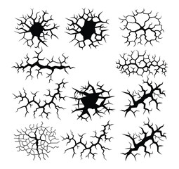 Fototapeta premium Cracked surface texture. Icon set of crack texture, broken rock, crackle, cracked wall, damaged floor, cement surface. Flat icons vector illustrations isolated on transparent background