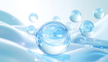 透明ジェルと水色バブルの美容成分イメージ　ヒアルロン酸・セラミド・ナイアシンアミド配合の高保湿スキンケア科学背景 / Transparent gel and light blue bubbles, hyaluronic acid, ceramide, niacinamide, high moisturizing skincare science background