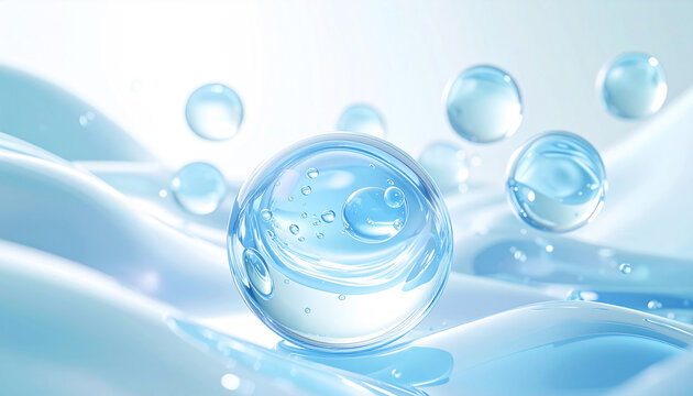 透明ジェルと水色バブルの美容成分イメージ　ヒアルロン酸・セラミド・ナイアシンアミド配合の高保湿スキンケア科学背景 / Transparent gel and light blue bubbles, hyaluronic acid, ceramide, niacinamide, high moisturizing skincare science background