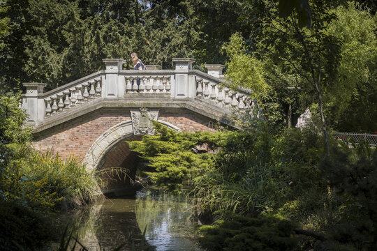 View of an arched bridge with stone balustrades, brickwork, and lush greenery reflected in the calm water below, creating a peaceful scene, Paris, &Atilde;Žle-de-France, France.
