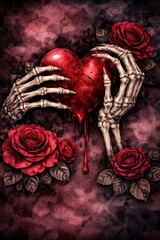 A dark gothic illustration of skeletal hands holding a cracked bleeding heart surrounded by red roses