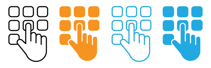 Obraz premium Finger click keypad enter pin, code, password, pattern, autofill, swipe, fingerprints, lock, unlock, passkey icon set vector. Pointer cursor сomputer mouse icon. Clicking cursor, hand clicks icon