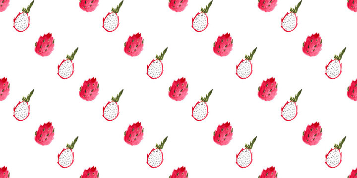 whole and halved pitaya or pitahaya hand drawn watercolor illustration on white background