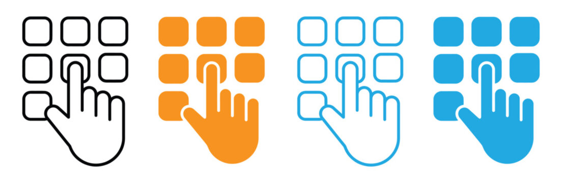 Finger click keypad enter pin, code, password, pattern, autofill, swipe, fingerprints, lock, unlock, passkey icon set vector. Pointer cursor сomputer mouse icon. Clicking cursor, hand clicks icon