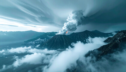 ethereal fog wraps around the lower flanks of the volcano mountain