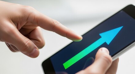 A close-up of a person's hands holding a smartphone displaying a bright green upward-pointing arrow, symbolizing success, profit, and financial growth.