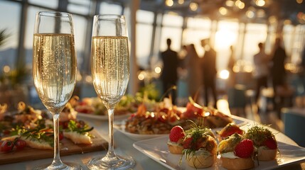 Elegant corporate reception with champagne flutes, sparkling wine and gourmet canapes at sunset party  © LifeFree studio
