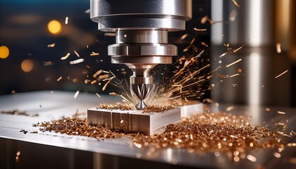 close up view of a metal milling machine cutting and shaping a piece of metal with metal shavings scattered around highlighting precision industrial machining work