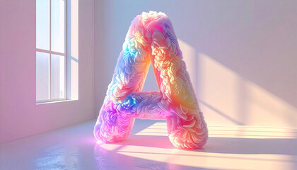 Plush pastel letter A with ruched texture in sunlit minimalist room