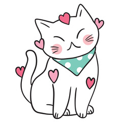 Cute White Cat with Hearts Illustration.