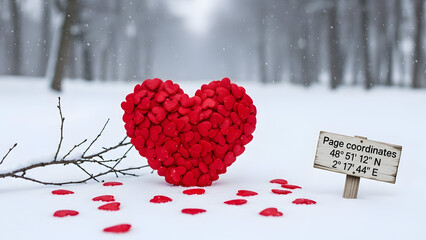 A heart made of red rose petals in the snow
