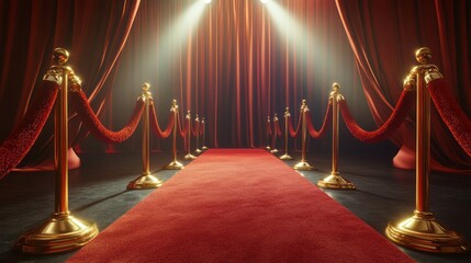 Obraz premium Guests arrive at the red carpet entrance, greeted by glamorous lights. The event captures attention with a spotlight unveiling on stage, showcasing a luxury gathering radiating excitement and elegance