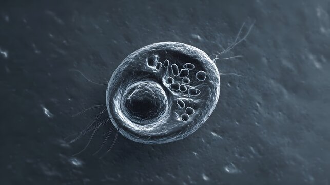 Detailed microscopic depiction of a complex protozoan a single celled life form featuring its nucleus internal vesicles and motile flagella on a textured background