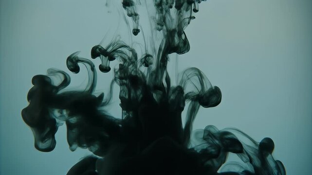 Fluid black ink forms a swirling, abstract shape against a pale blue background. Wisps and tendrils move creating a dynamic pattern