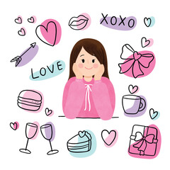 Illustration of Girl Surrounded by Love Symbols