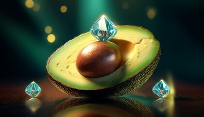 avocado with diamond gem inside luxury food art and surreal precious concept