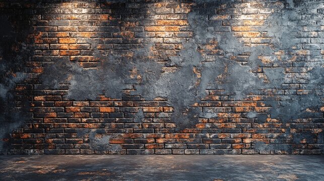 A dark, weathered brick wall with rough plaster texture provides a dramatic backdrop. The chaotic pattern and worn surfaces create a gritty, industrial aesthetic perfect for edgy or urban-themed
