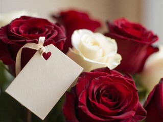 A bouquet features red and white roses arranged together on a table. A blank tag hangs from the flowers, suggesting a special message or occasion. The setting is bright and indoor.
