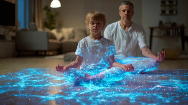 Father and son practice meditation, immersed in a virtual holographic environment that radiates blue light. The scene blends family bonding, technology, and peaceful mindfulness in a modern home