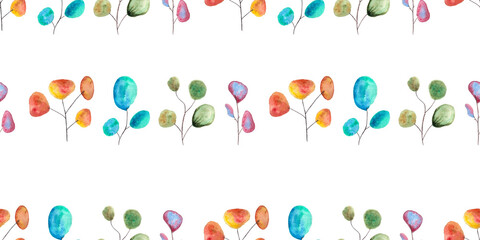 multicolored eucalyptus watercolor leaves on white background, hand drawn, seamless pattern