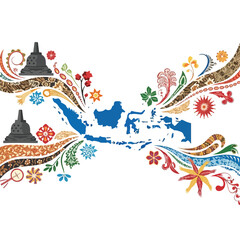 A colorful illustration of Indonesia with floral patterns