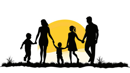 Obraz premium Heartwarming silhouette of a father and mother holding hands with their two children, walking together during sunset, expressive shapes, vector illustration.