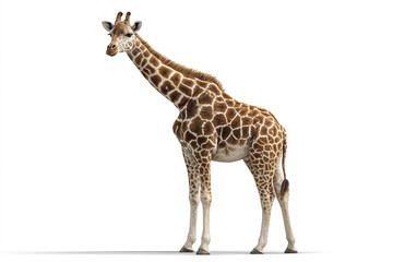 Fototapeta premium Giraffe animal standing isolated on white background with natural brown and white patterned fur and long neck in calm pose