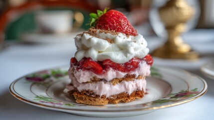 Layers of cream and strawberries on a dessert plate in a restaurant setting