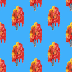 seamless pattern of autumn trees, birch with red leaves on blue background. watercolor hand painted illustration