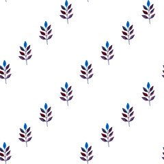 seamless pattern of blue purple turquoise leaves, hand drawn watercolor elements, isolated on white background