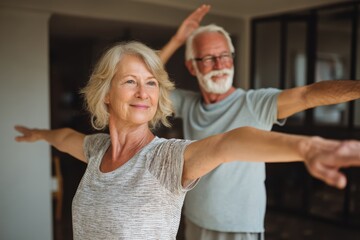 Senior couple exercising together at home following daily wellness routine with physical activity for World Health Day celebration and active aging lifestyle promoting healthy longevity and vitality.