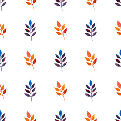 seamless pattern of orange, blue turquoise leaves, hand drawn watercolor elements, isolated on white background