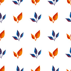 seamless pattern of orange, blue turquoise leaves, hand drawn watercolor elements, isolated on white background