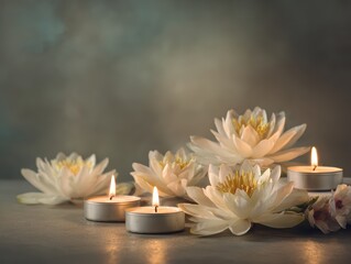 Vesak celebration scene with glowing candles and fresh lotus flowers arranged on clean neutral surface. Spiritual calming atmosphere for Buddhist mindfulness and traditional holiday observance.
