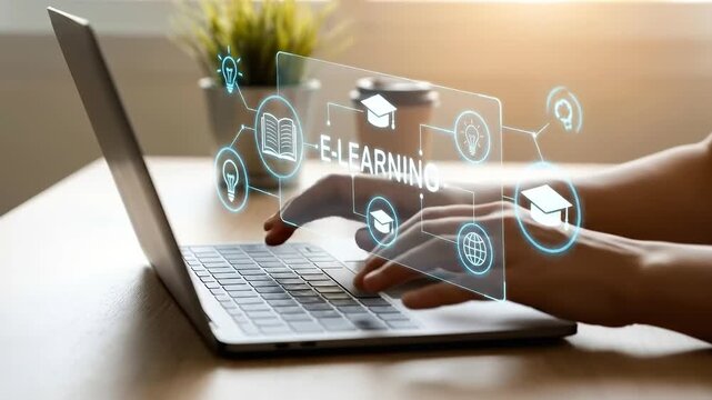 E learning concept on laptop with innovative education and technology, online course and digital learning, study with modern devices for future skills
