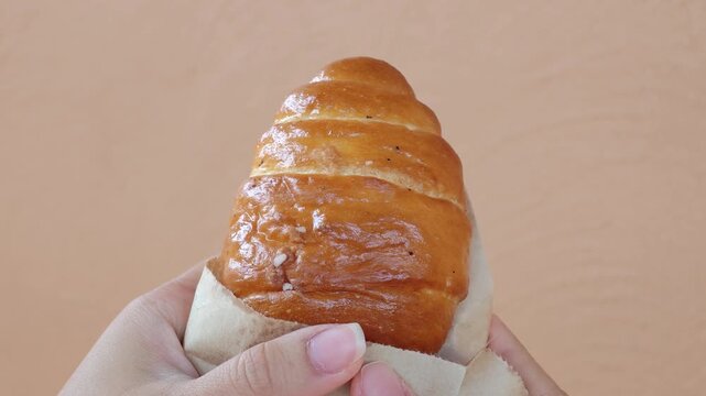 hand holding a loaf of bread. Chiopan (savory bread)