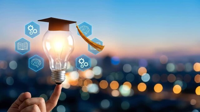 Education and knowledge concept light bulb with graduation cap balancing on finger symbolizing bright ideas and learning