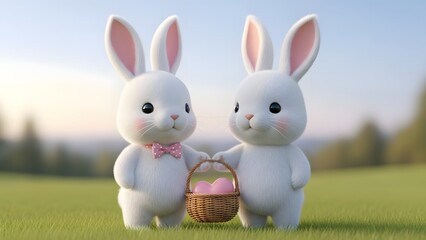 Obraz premium Two cute white bunnies holding a heart shaped basket. Easter celebration and romantic gift concept. Fluffy cartoon rabbits standing in a green meadow with a pink heart under blue sky