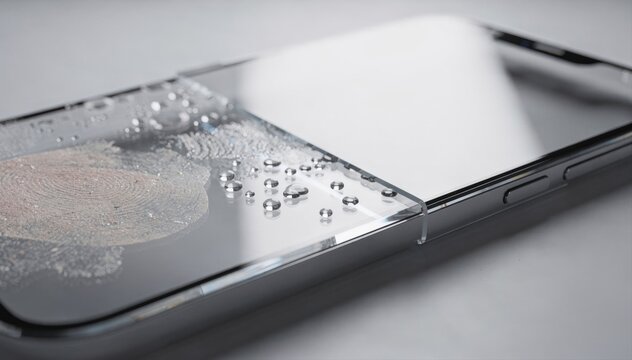 Oleophobic nanocoating demonstration on a digital device screen emphasizing finger oil and smudge resistance with a barely visible ultrathin protective finish for improved clarity.
