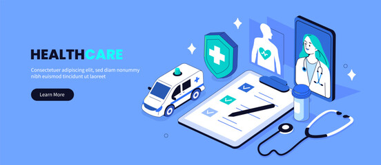 Banner showing digital healthcare and insurance. Home ehealth tech services, telemedicine, med technology, ai medicine concept. Vector isometric illustration.