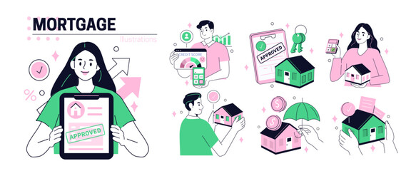 Mortgage approval, loan, financing set. Characters showing credit score, home insurance.  Real estate concept. Vector illustration.
