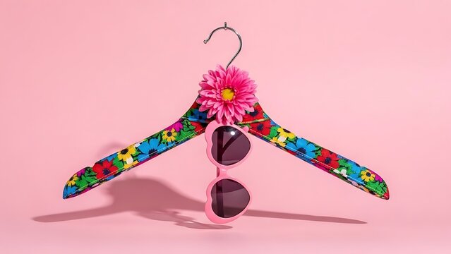 Colorful hanger with sunglasses and flower on pink background