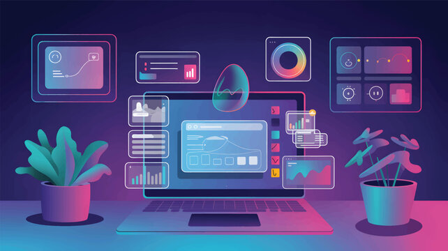 Laptop with floating data visualization screens and potted plants on a purple gradient background de - Powered by Adobe