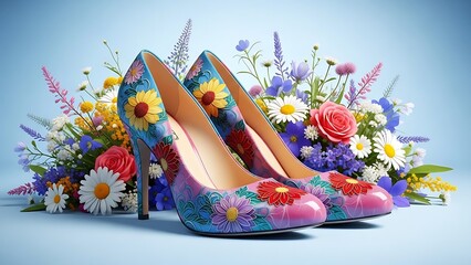A pair of highheeled shoes decorated with colorful flowers and a floral arrangement