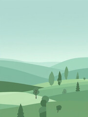 Minimal flat nature background illustration with stylized hills, trees and sky, simple geometric shapes, soft pastel color palette