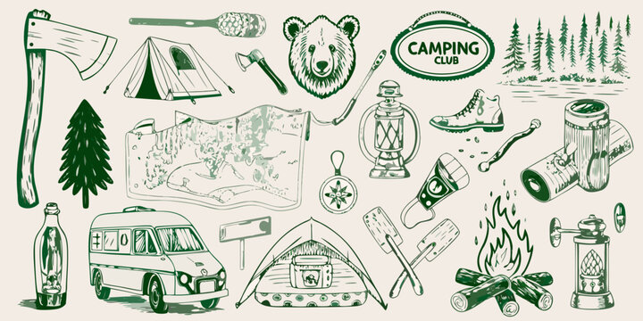 A vintage camping collection featuring tools nature and adventure elements