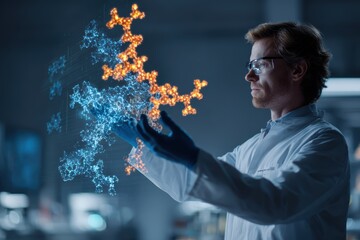 Researcher presenting epigenetic mechanisms through holographic style 3D molecular structures and chromatin models in high tech lab, knowledge transfer and innovation mood. Biotechnology education.