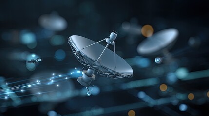 Futuristic Satellite Dishes in Space with Data Streams, Concept of Communication Technology and Information Transfer in a Digital World